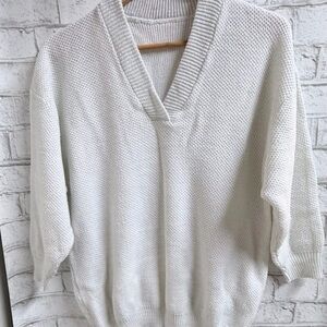 Vintage Women's V-Neck Knit Sweater in Off-White Longer